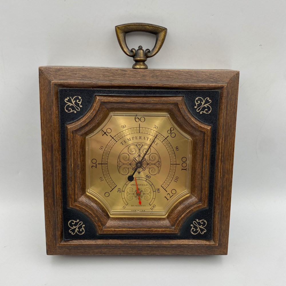 Vintage Springfield Wall Weather Station Thermometer Humidity Wood Gold MCM USA